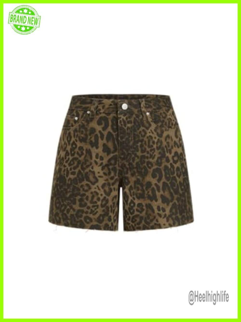 Leopard Print Denim Jean Shorts High Rise Frayed Hem Casual Summer